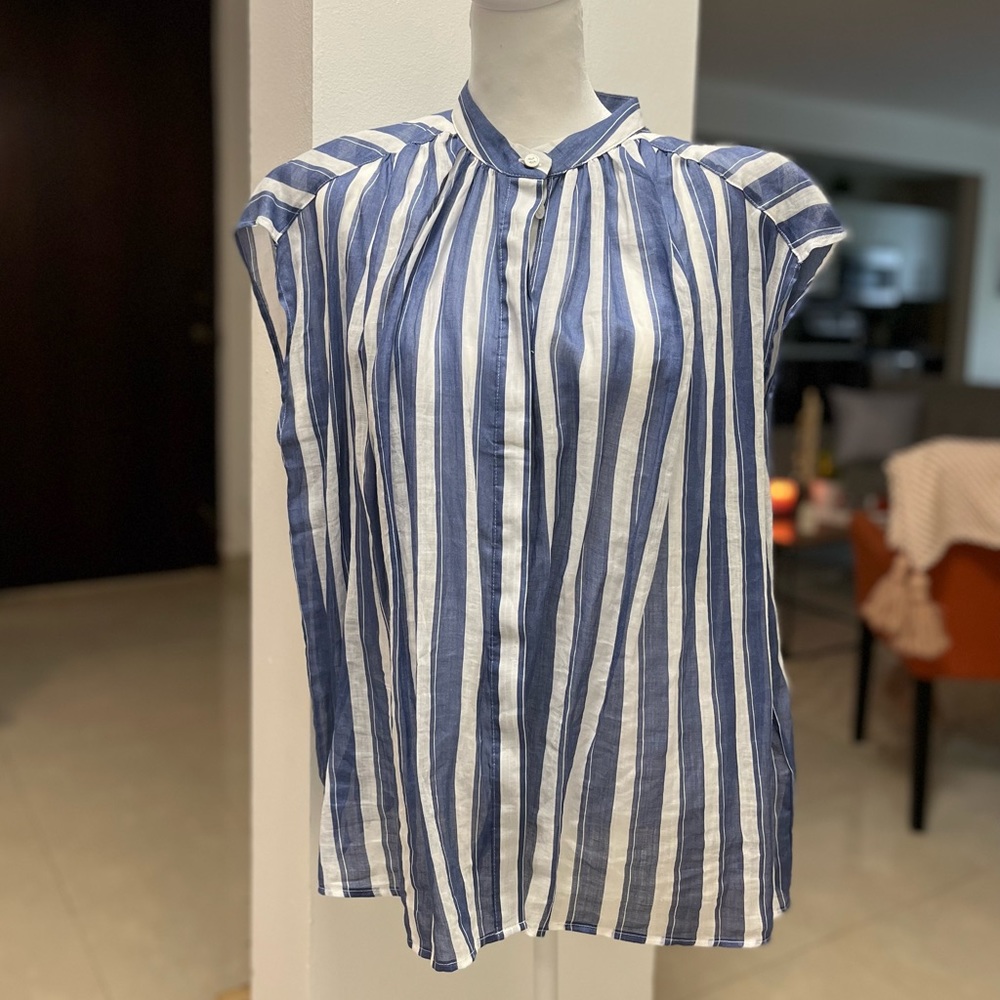 BR white and blue stripes ramie top, oversize, Sz M